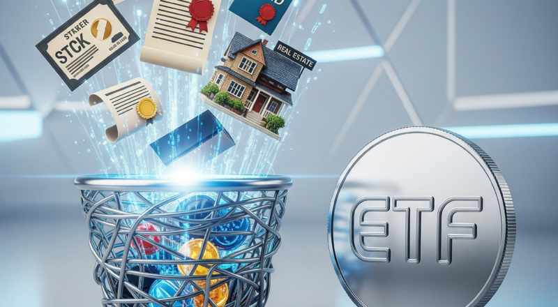 Ilustração 3D de uma moeda prateada com a sigla "ETF" ao lado de uma cesta de arame que contém diversas moedas coloridas e de onde emergem digitalmente ícones de diferentes tipos de ativos financeiros, como ações, títulos, moedas, imóveis e certificados, representando a diversificação.