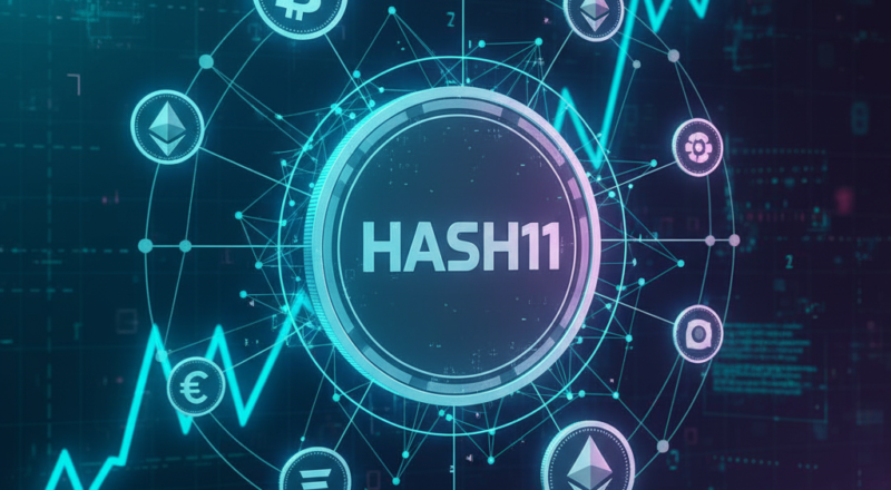 Ilustração digital futurista mostrando o logotipo "HASH11" no centro, cercado por ícones de criptomoedas como Bitcoin e Ethereum, todos conectados por linhas e pontos em uma rede. Ao fundo, um gráfico de linha azul brilhante sobe, simbolizando crescimento e o ambiente de mercado digital.