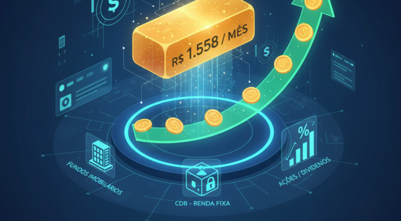 Ilustração 3D de um rio de dinheiro (notas de reais) fluindo em direção a uma grande esfera de investimento, simbolizando uma bola de neve. No topo da esfera, pequenos ícones representam diferentes fontes de renda passiva: um prédio para fundos imobiliários, um gráfico de barras para ações e uma nota de dinheiro para renda fixa. A cena é brilhante e otimista, com um sol nascendo ao fundo.