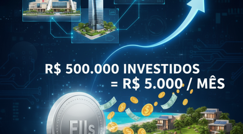 Ilustração 3D mostrando uma moeda prateada com a sigla "FIIs", de onde saem moedas douradas com cifrões flutuando em direção a uma cena idílica de uma casa com rede e palmeiras na praia. Acima, diferentes tipos de imóveis (shopping, prédio comercial, galpão logístico) representam os ativos dos FIIs. Uma seta azul ascendente indica crescimento, e o texto "R$ 500.000 INVESTIDOS = R$ 5.000 / MÊS" aparece em destaque.