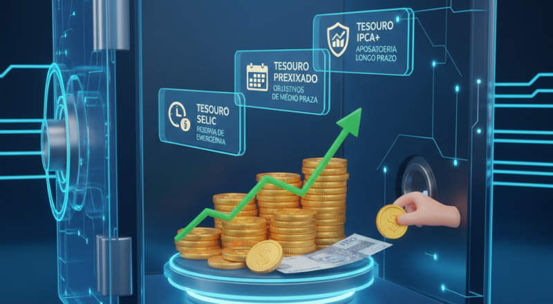 Ilustração 3D de um cofre digital transparente que exibe pilhas de moedas de ouro e notas de reais crescendo, com uma seta verde apontando para cima. Ao redor, ícones e textos detalham os tipos de Tesouro Direto (Tesouro Selic para Reserva de Emergência, Tesouro Prefixado para Médio Prazo, Tesouro IPCA+ para Aposentadoria/Longo Prazo). Uma mão insere uma moeda, e o texto "A PARTIR DE R$30" aparece na base, tudo em um ambiente digital azul.